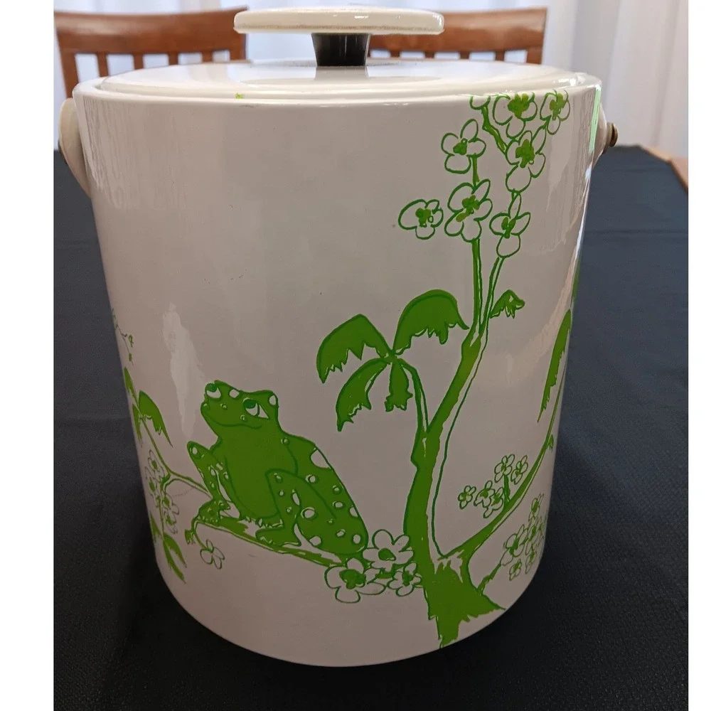Vintage MCM‎ Stotter Style Green Frog Ice Bucket White Insulated Retro Barware